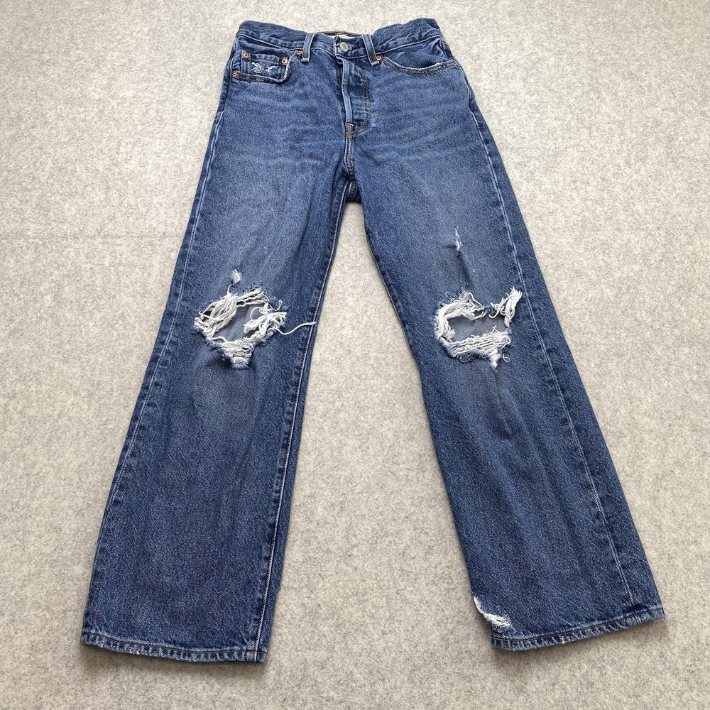 Levi's Ribcage Straight Ankle Jeans Womens 27 (26x26) High Rise Blue Distressed